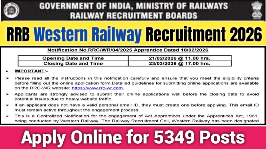 RRB Western Railway Recruitment 2026 Apply Online for 5349 Posts